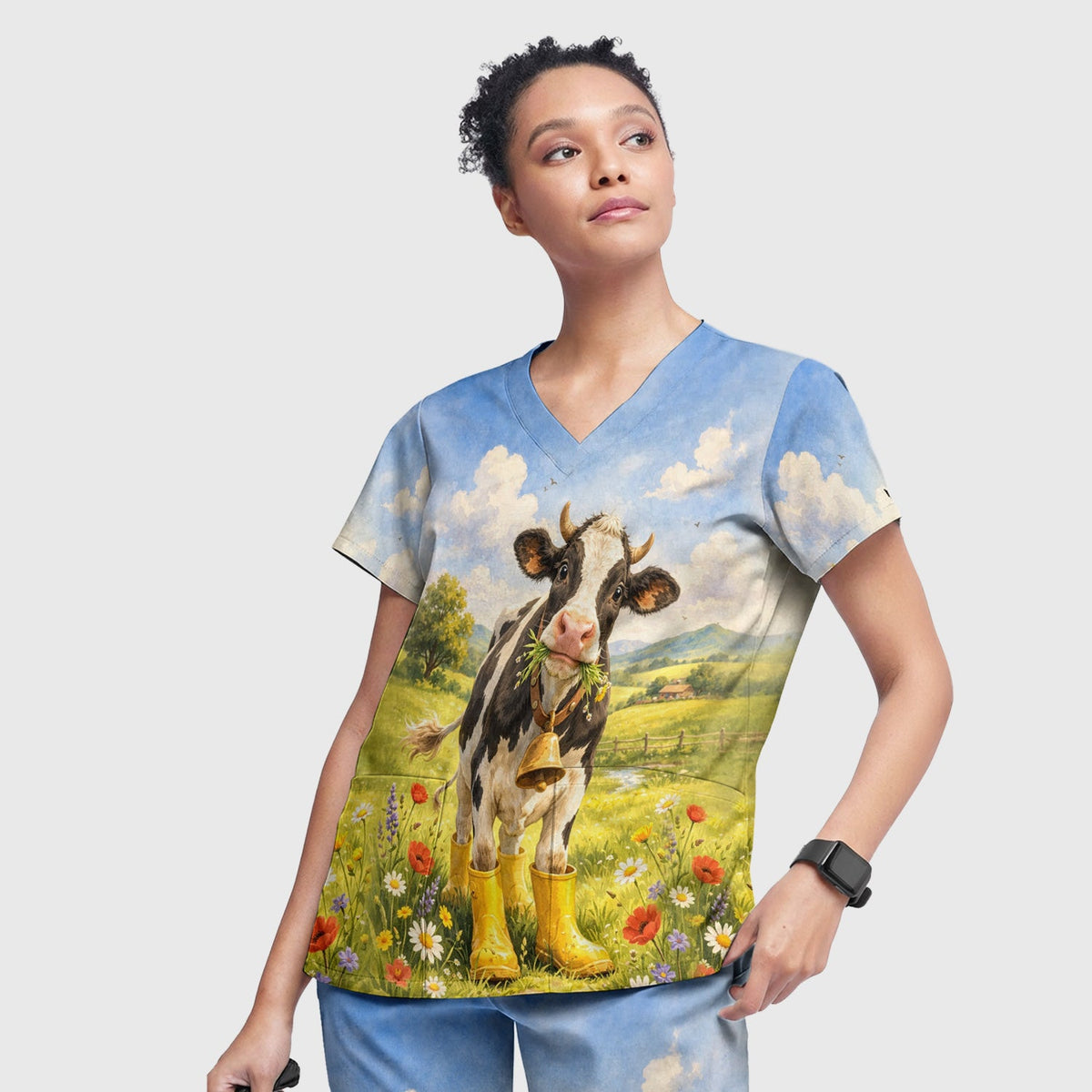Cow Wearing Boots Nurse Scrub Set