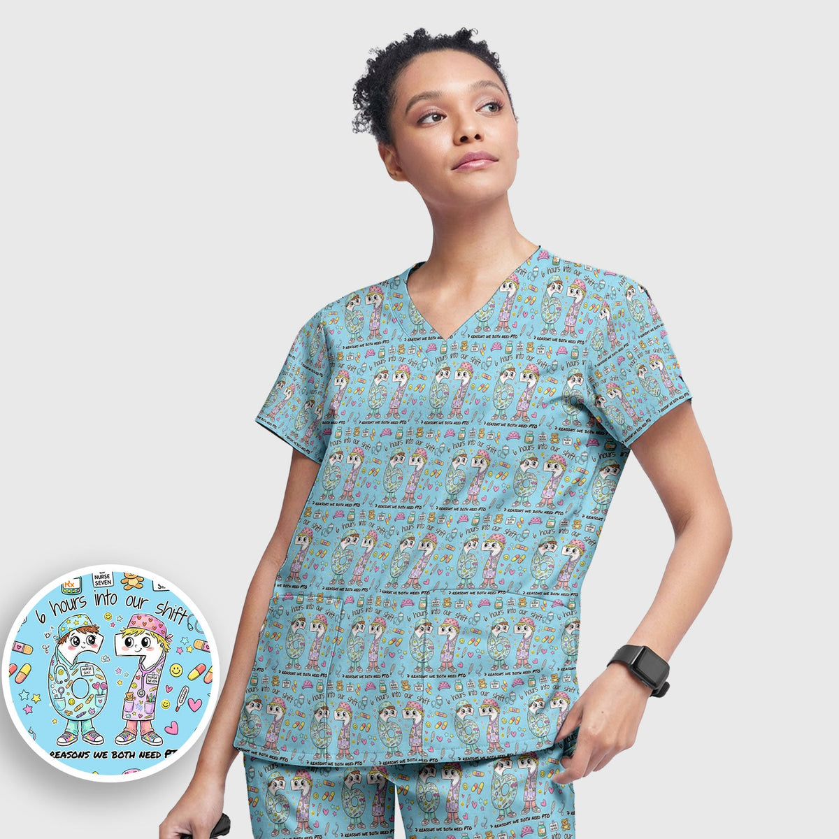 Six Hours Into Shift Blue Nurse Scrub Set
