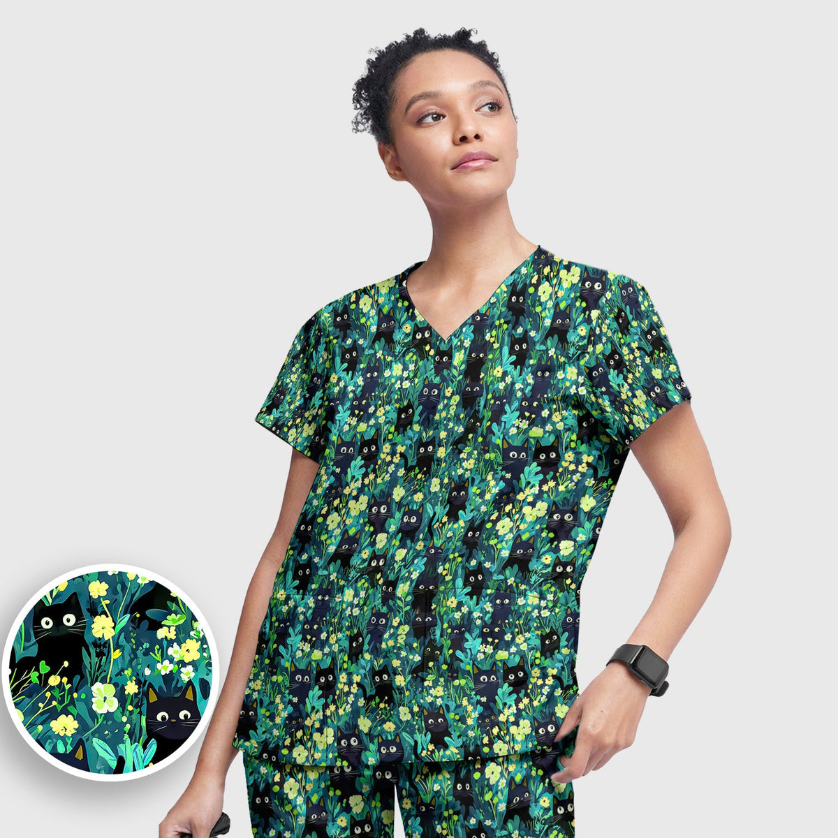 Black Cat Floral Nurse Scrub Set