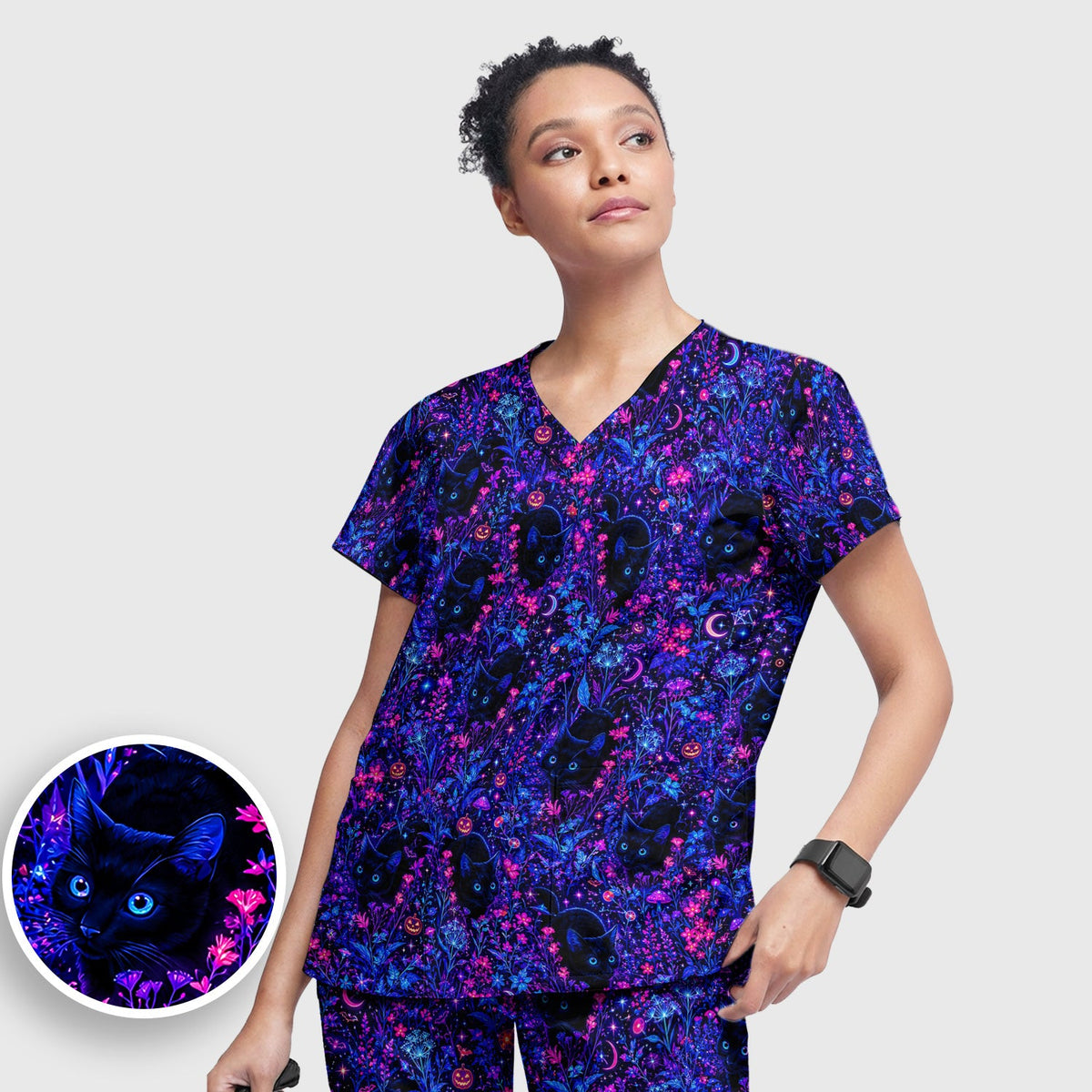 Spooky Black Cat Garden Nurse Scrub Set