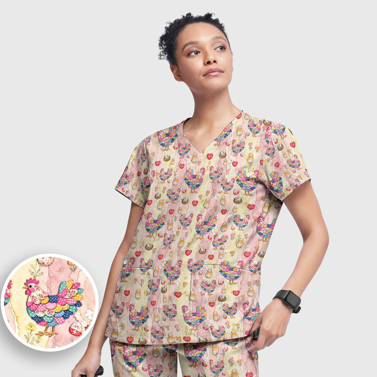 Colorful Chicken Easter Eggs Heart Nurse Scrub Set