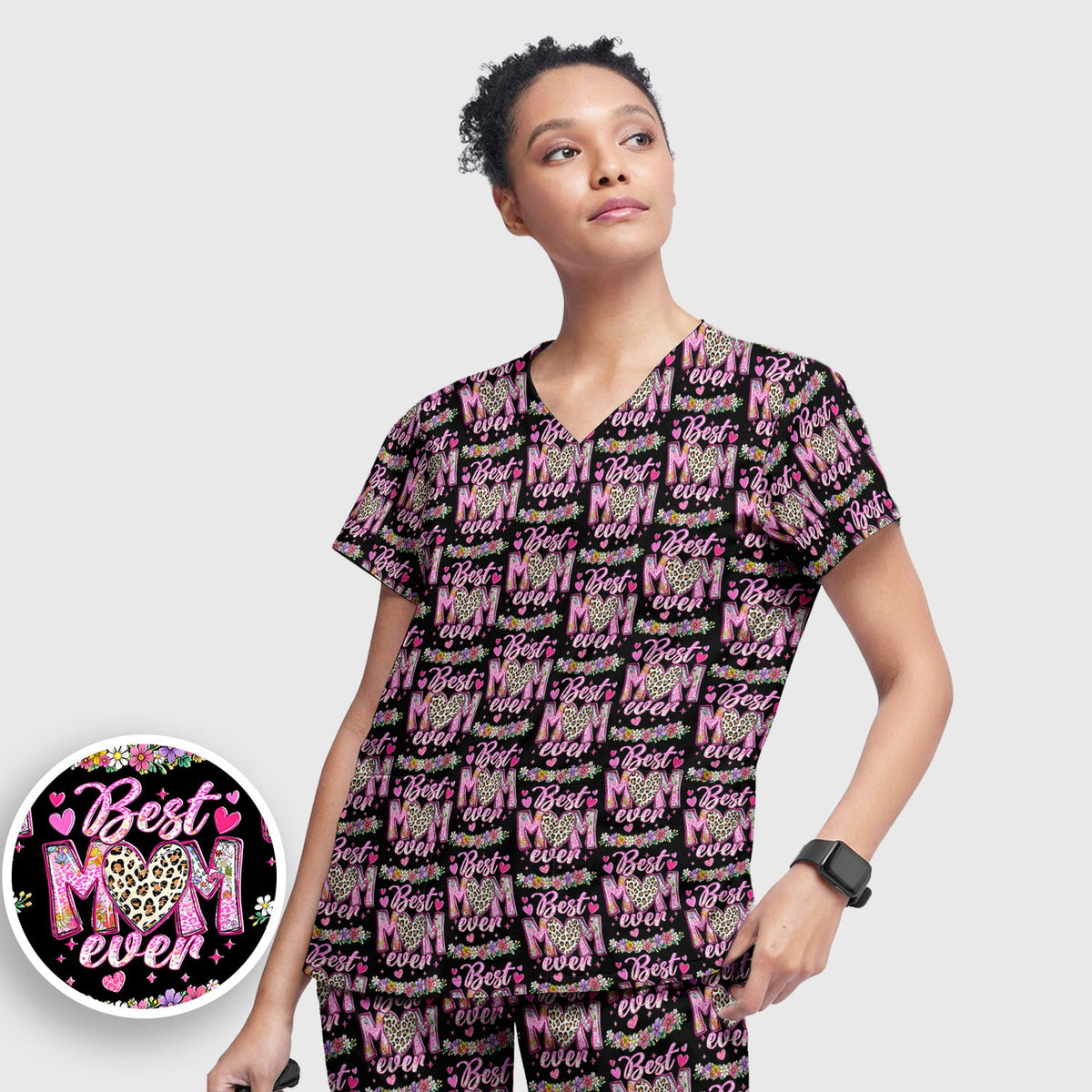 Best Mom Ever Leopard Heart Nurse Scrub Set