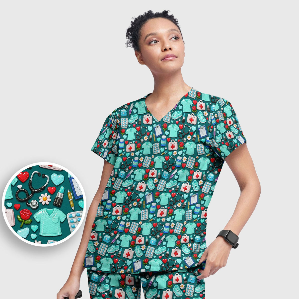 Medical Icons Scrub Set, Cute Pattern Nurse Shirt, Breathable Fabrics Nursing Uniform