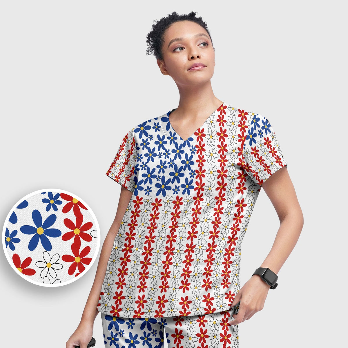 Retro Red Blue Daisy Nurse Scrub Set