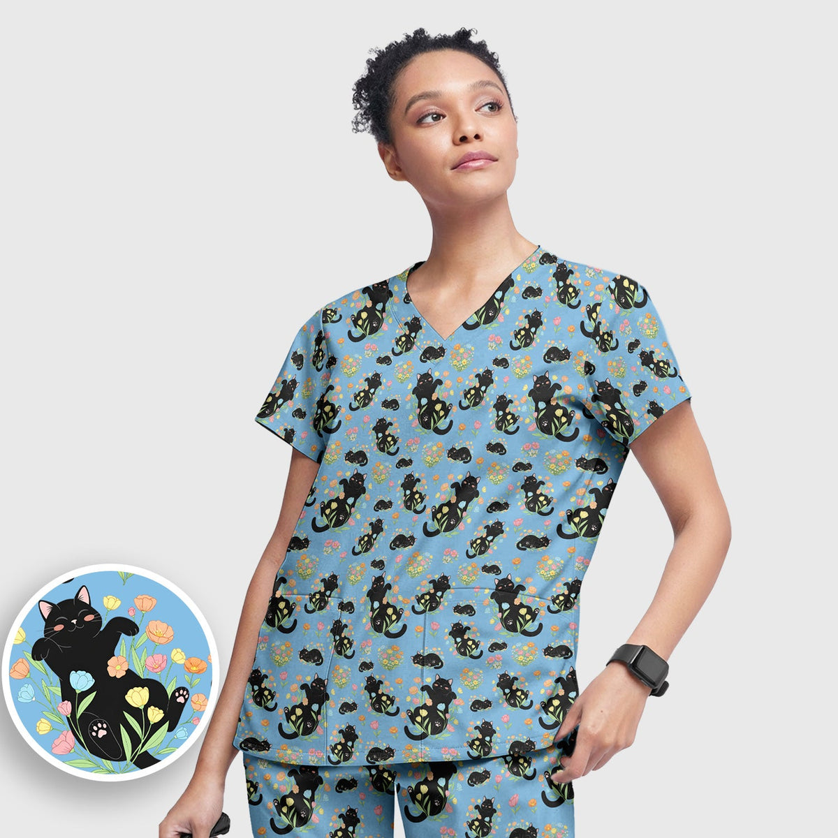 Cats Cute Poses Floral Nurse Scrub Set