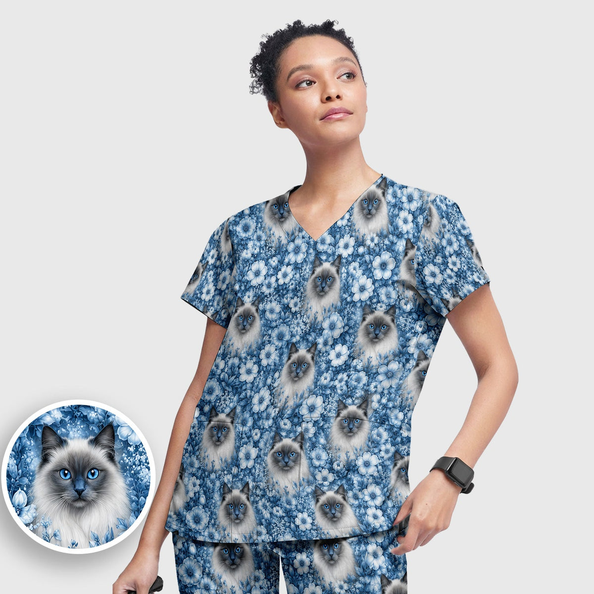 Blue Floral Ragdoll Cat Nurse Scrub Set