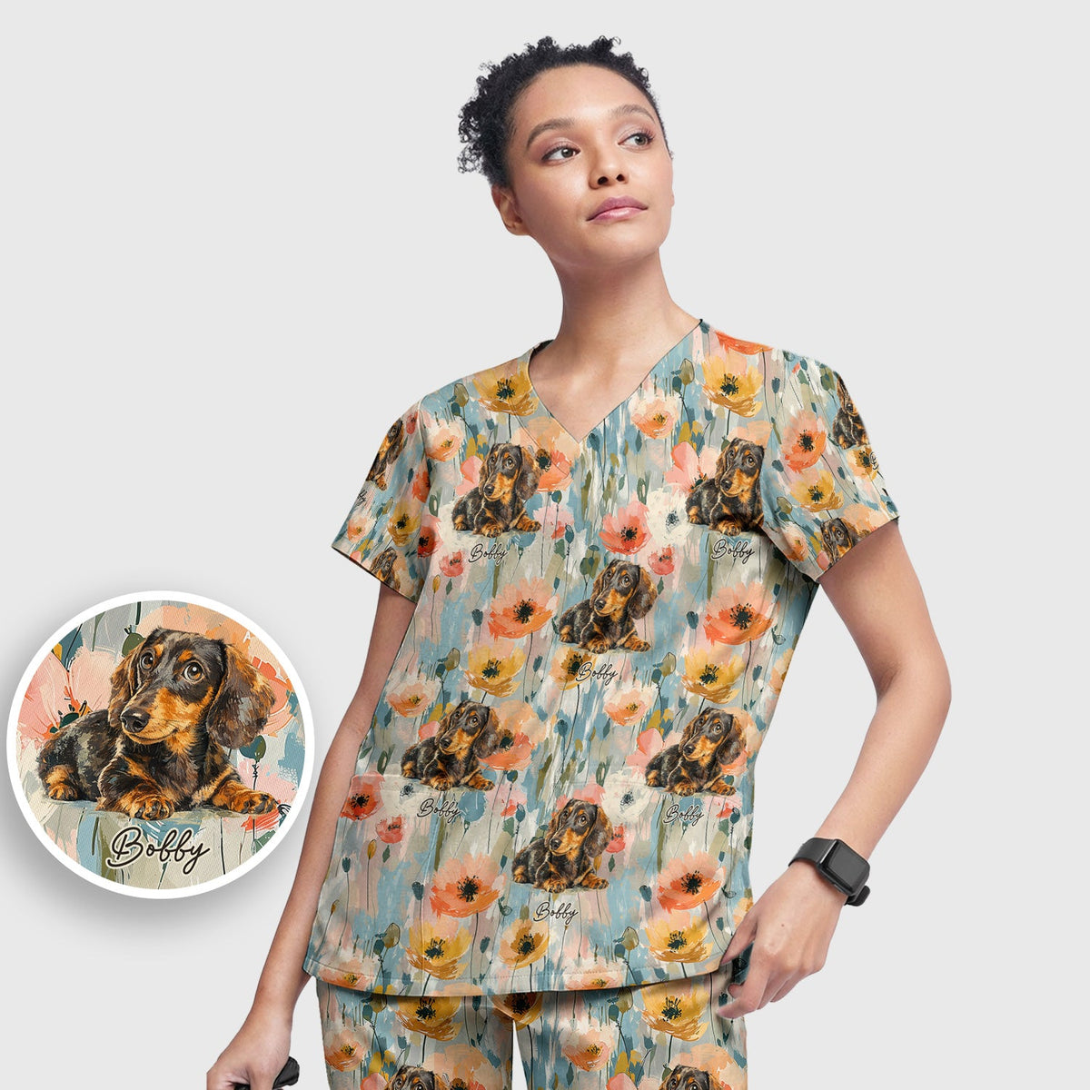 Personalized Dachshund Photo Floral Nurse Scrub Set