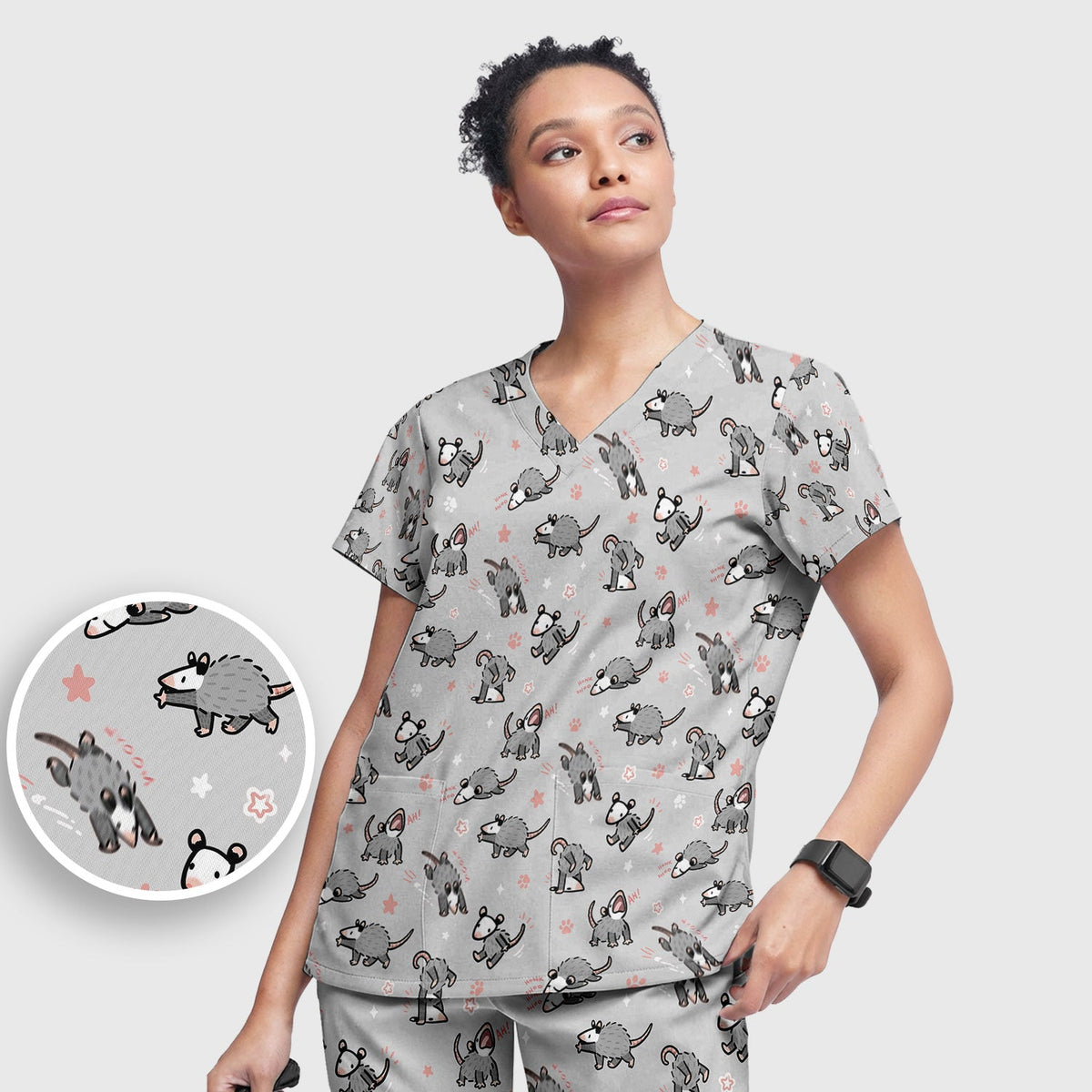 Cartoon Opossum Nurse Scrub Set