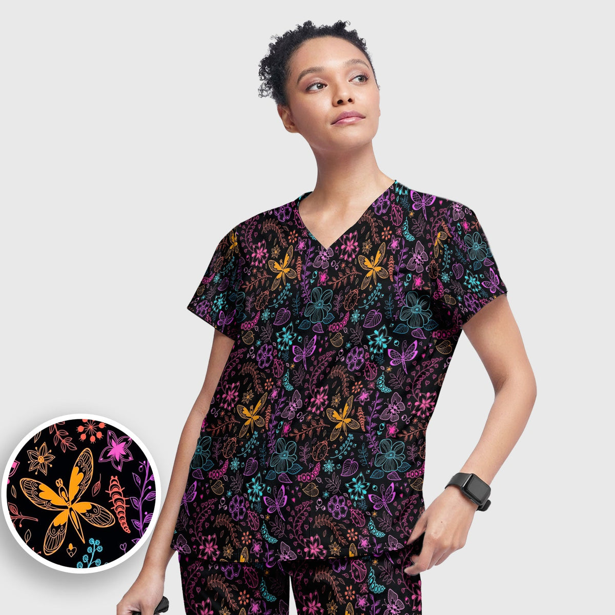 Neon Butterfly Floral Garden Nurse Scrub Set