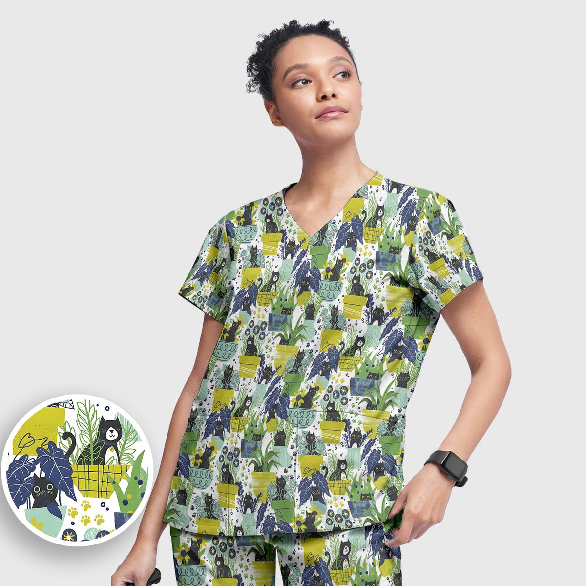 Black Cat Planter Garden Nurse Scrub Set