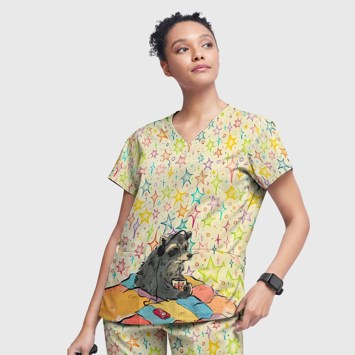 Chill Raccoon Starry Music Nurse Scrub Set