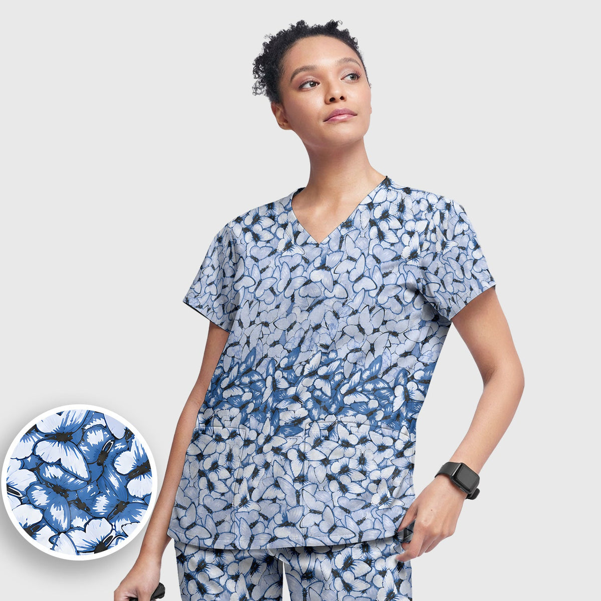 Blue Butterfly Floral Nurse Scrub Set