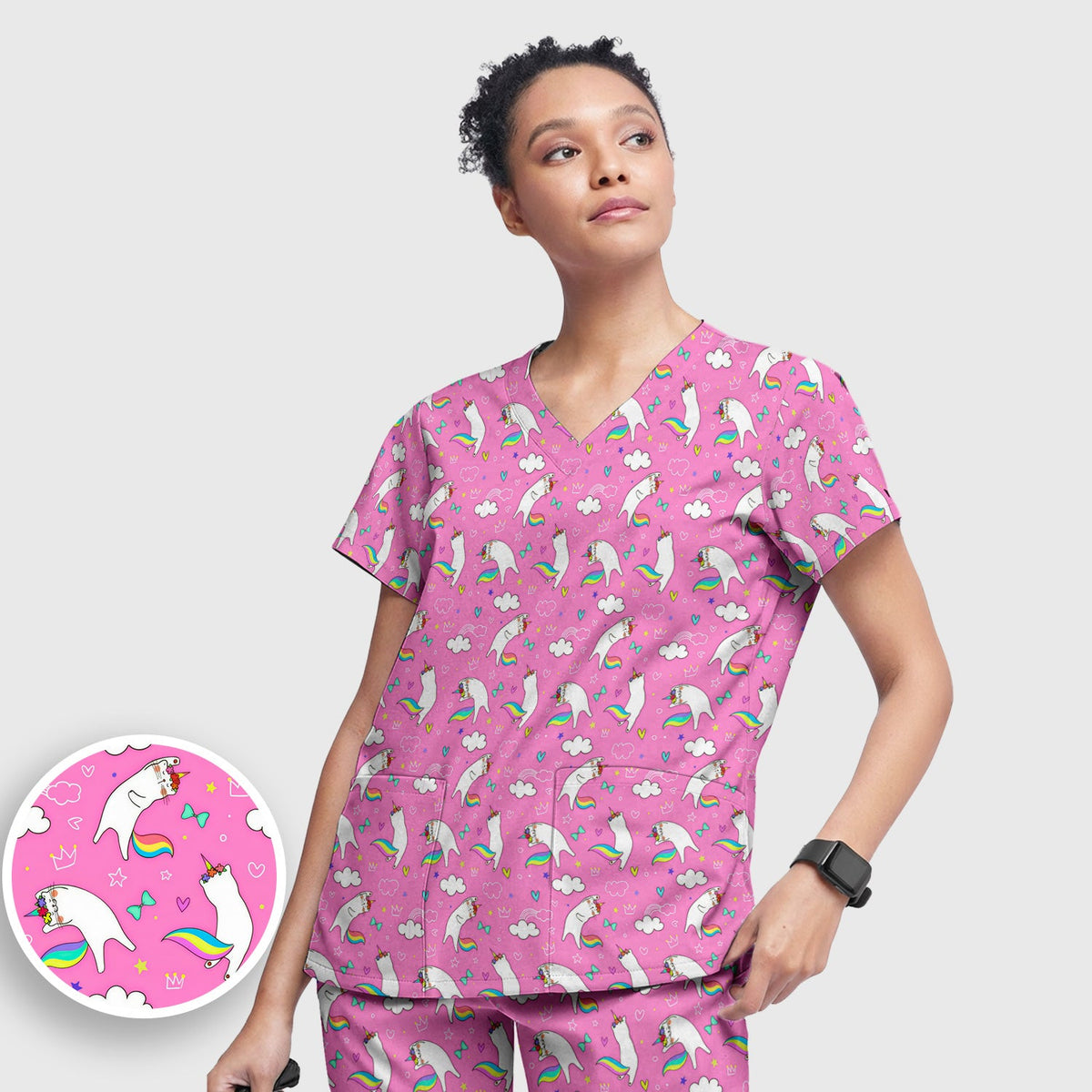 Unicorn Cat Rainbow Tail Clouds Nurse Scrub Set