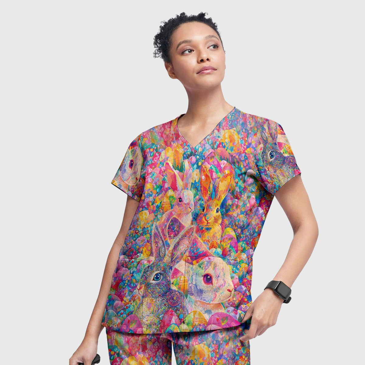 Colorful Artistic Bunny Nurse Scrub Set