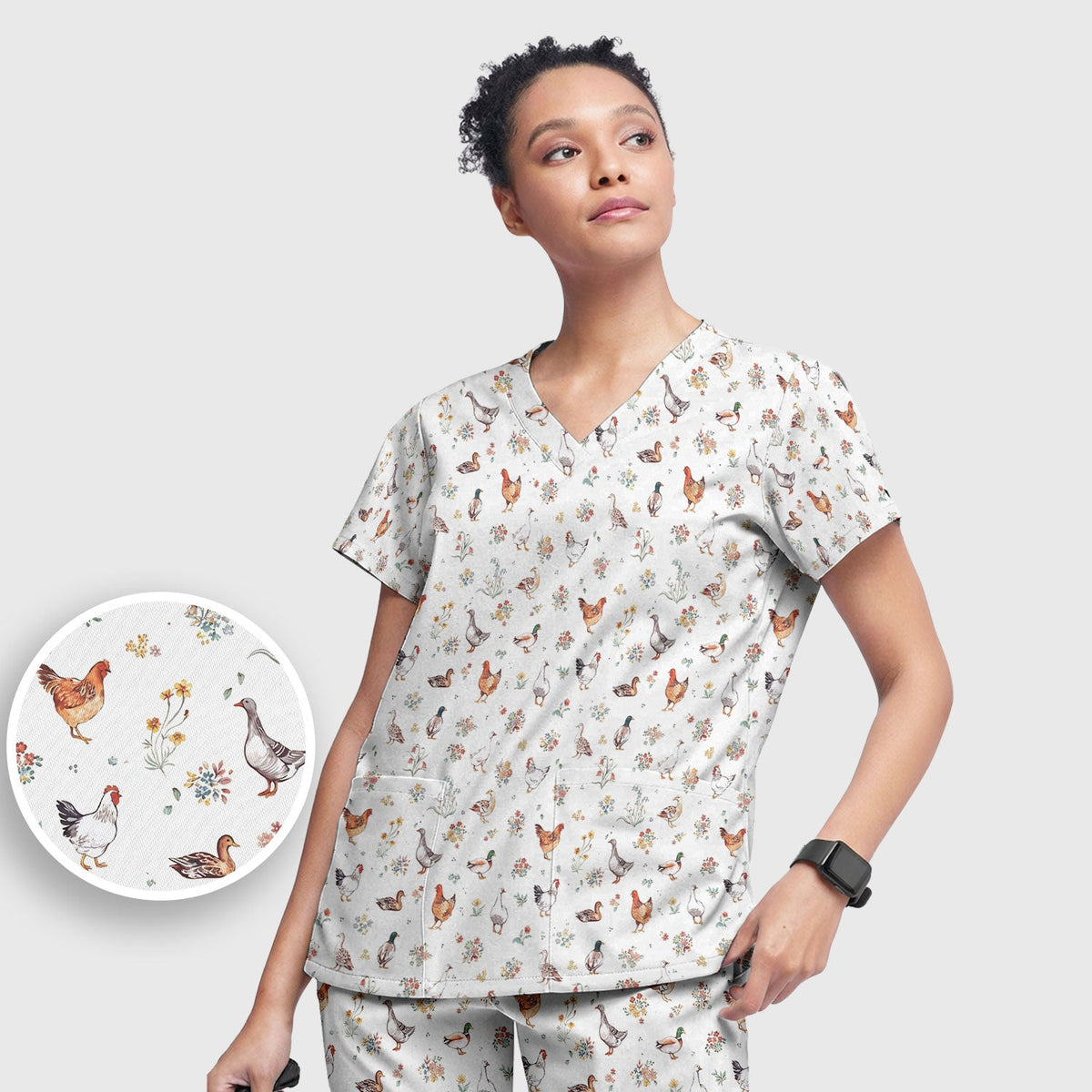 Farm Chicken Duck Floral Nurse Scrub Set