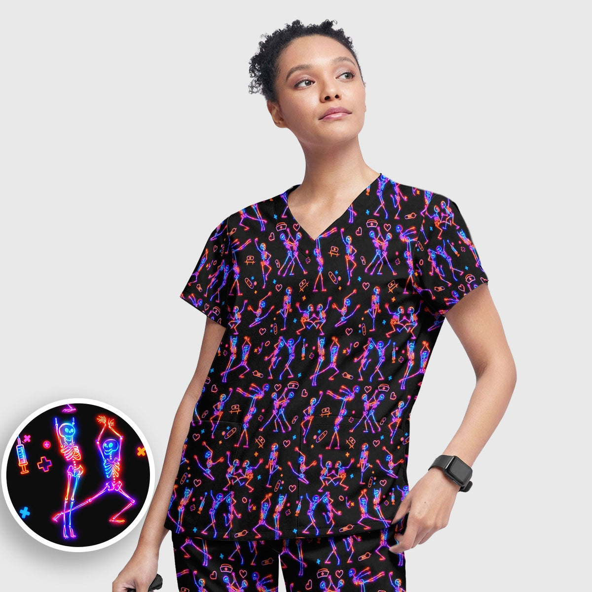 Neon Dancing Skeleton Nurse Scrub Set