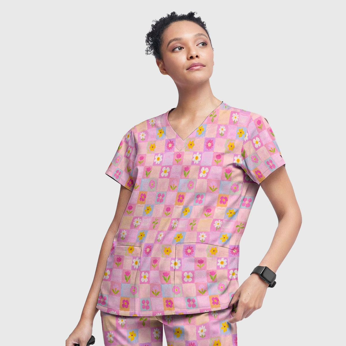 Colorful Mixed Flowers Nurse Scrub Top