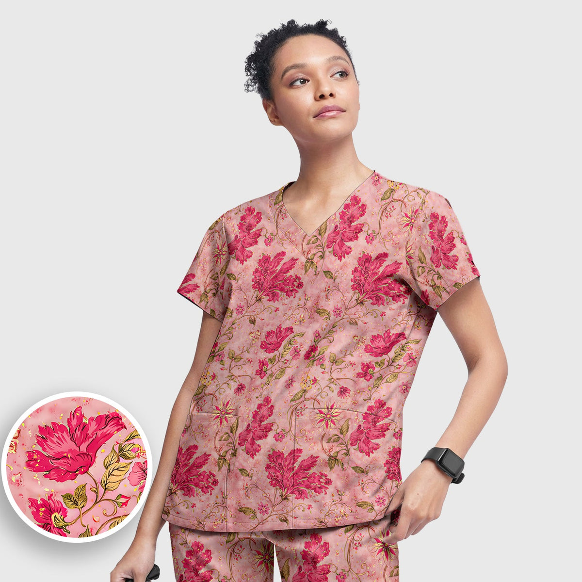 Elegant Pink Floral Vine Nurse Scrub Set