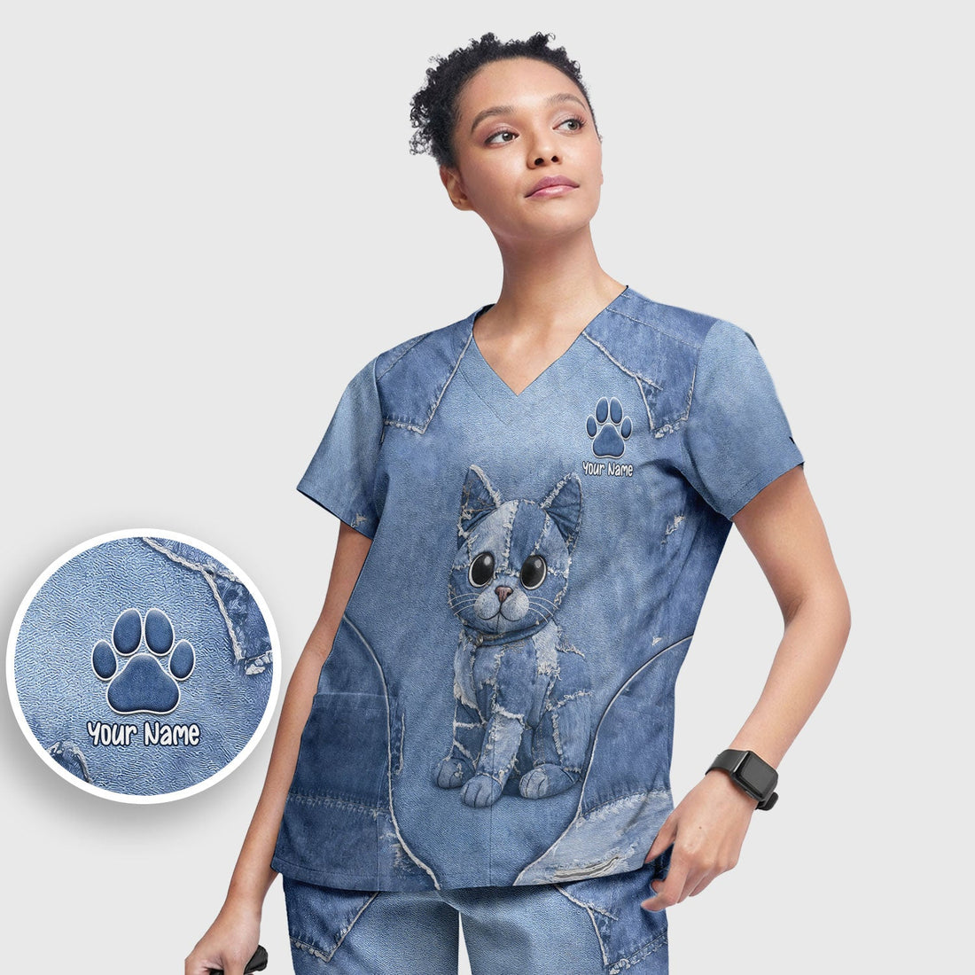 Personalized Patchwork Denim Cat Nurse Scrub Set