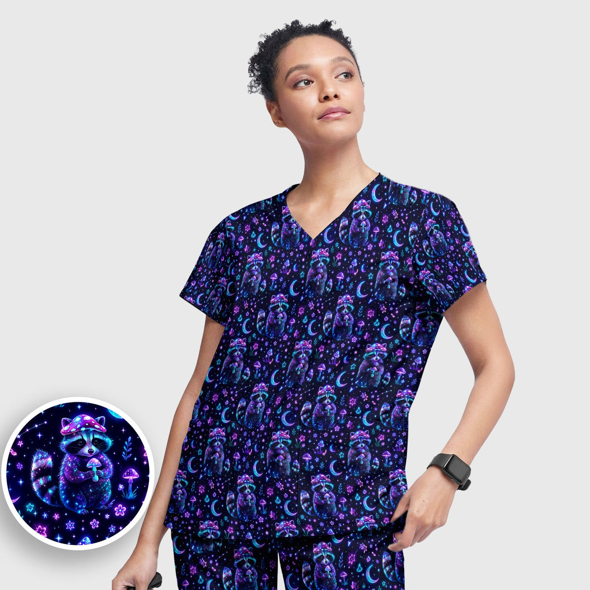 Neon Mushroom Raccoon Moonlight Nurse Scrub Set