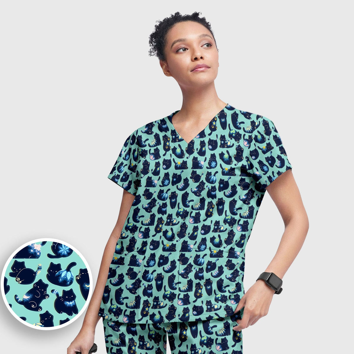 Midnight Black Cat Nurse Scrub Set