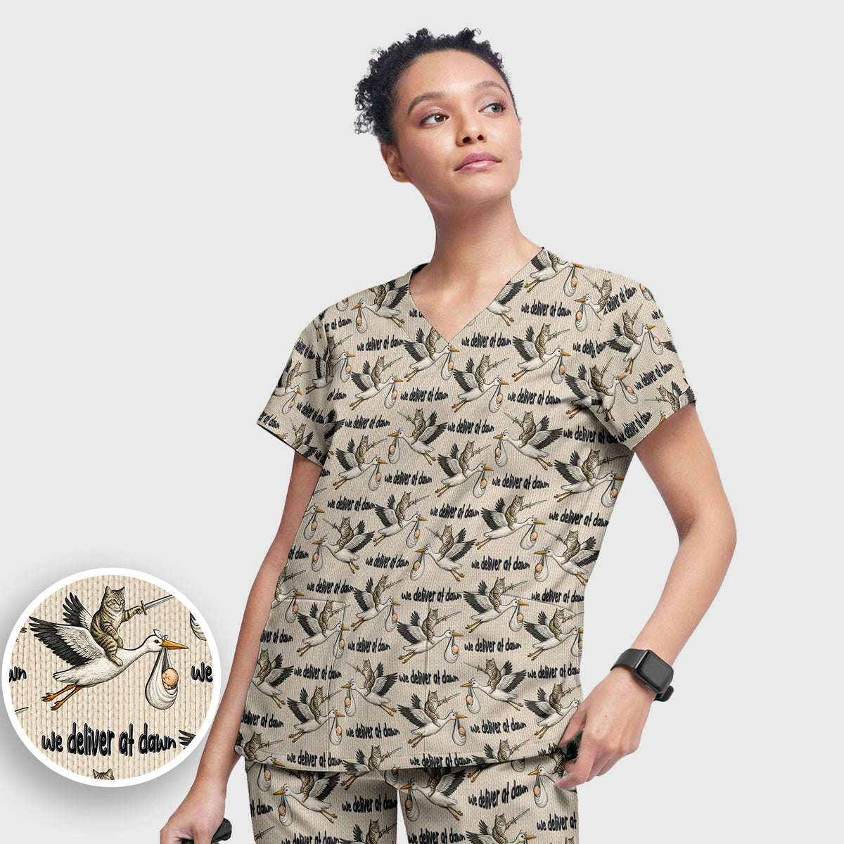 Stork Cat Delivery Nurse Scrub Set