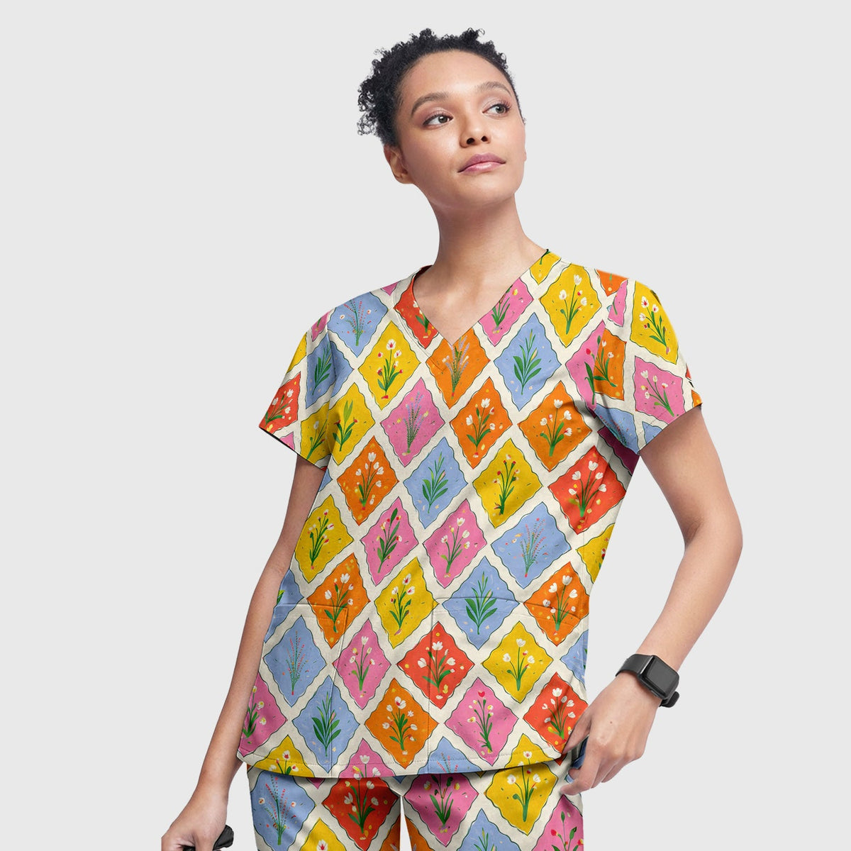 Colorful Floral Tile Nurse Scrub Set