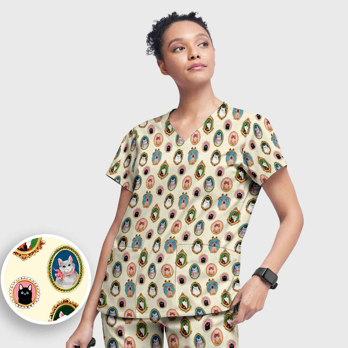 Vintage Cat Portrait Nurse Scrub Set