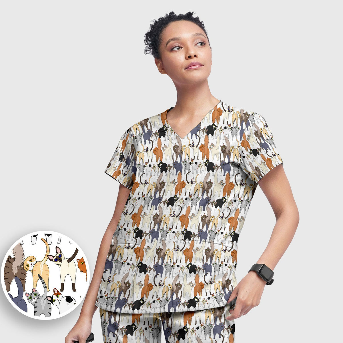 Whimsical Multicolor Cat Cartoon Nurse Scrub Set