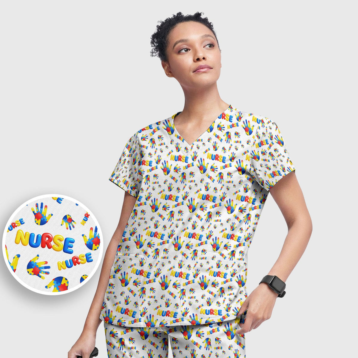 Colorful Autism Handprint Nurse Scrub Set