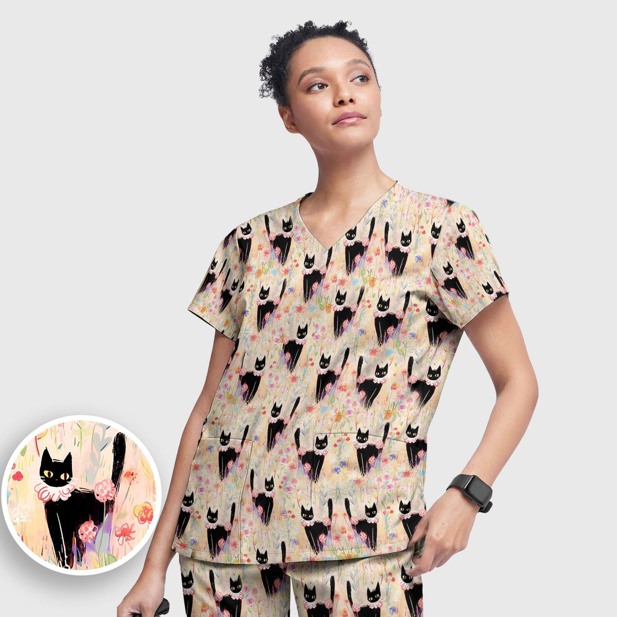Black Cat Floral Garden Nurse Scrub Set