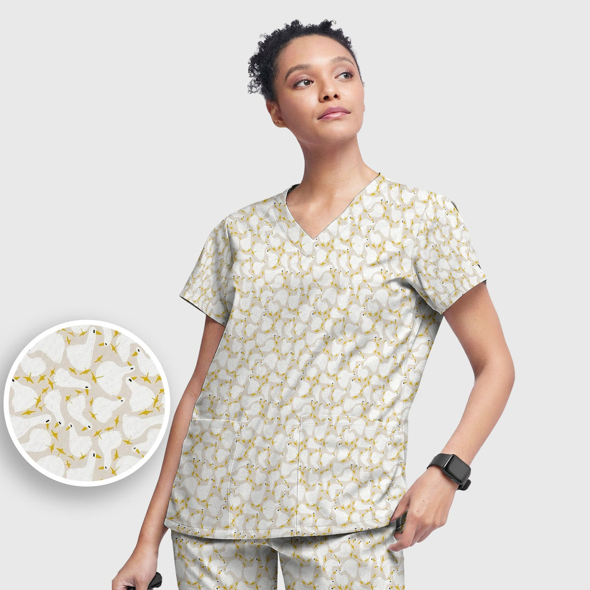 White Goose Yellow Star Nurse Scrub Set