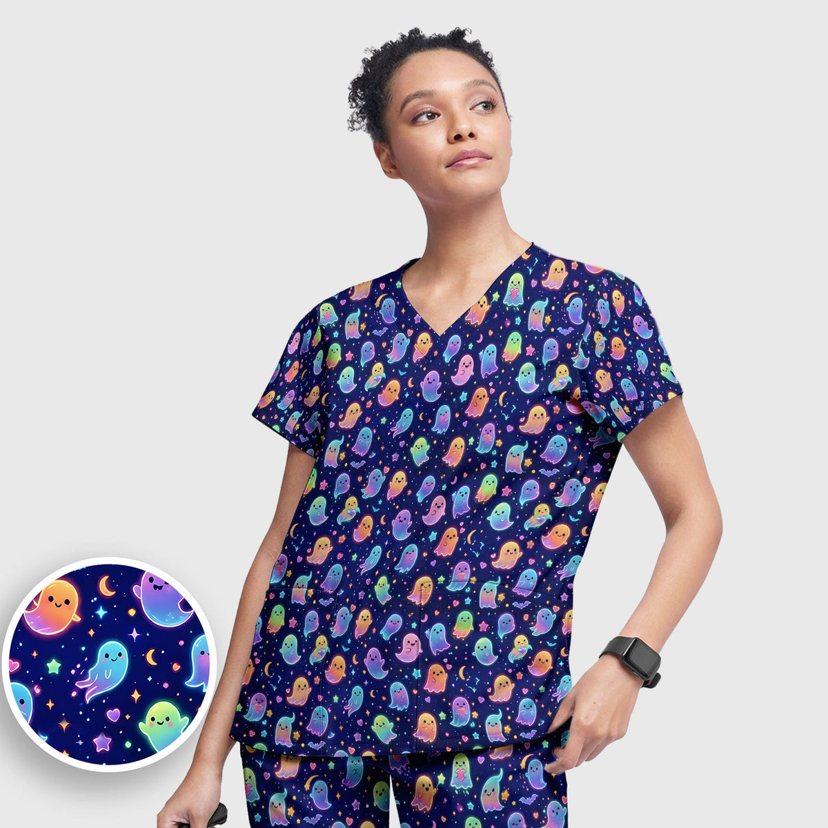 Neon Halloween Ghosts Nurse Scrub Set