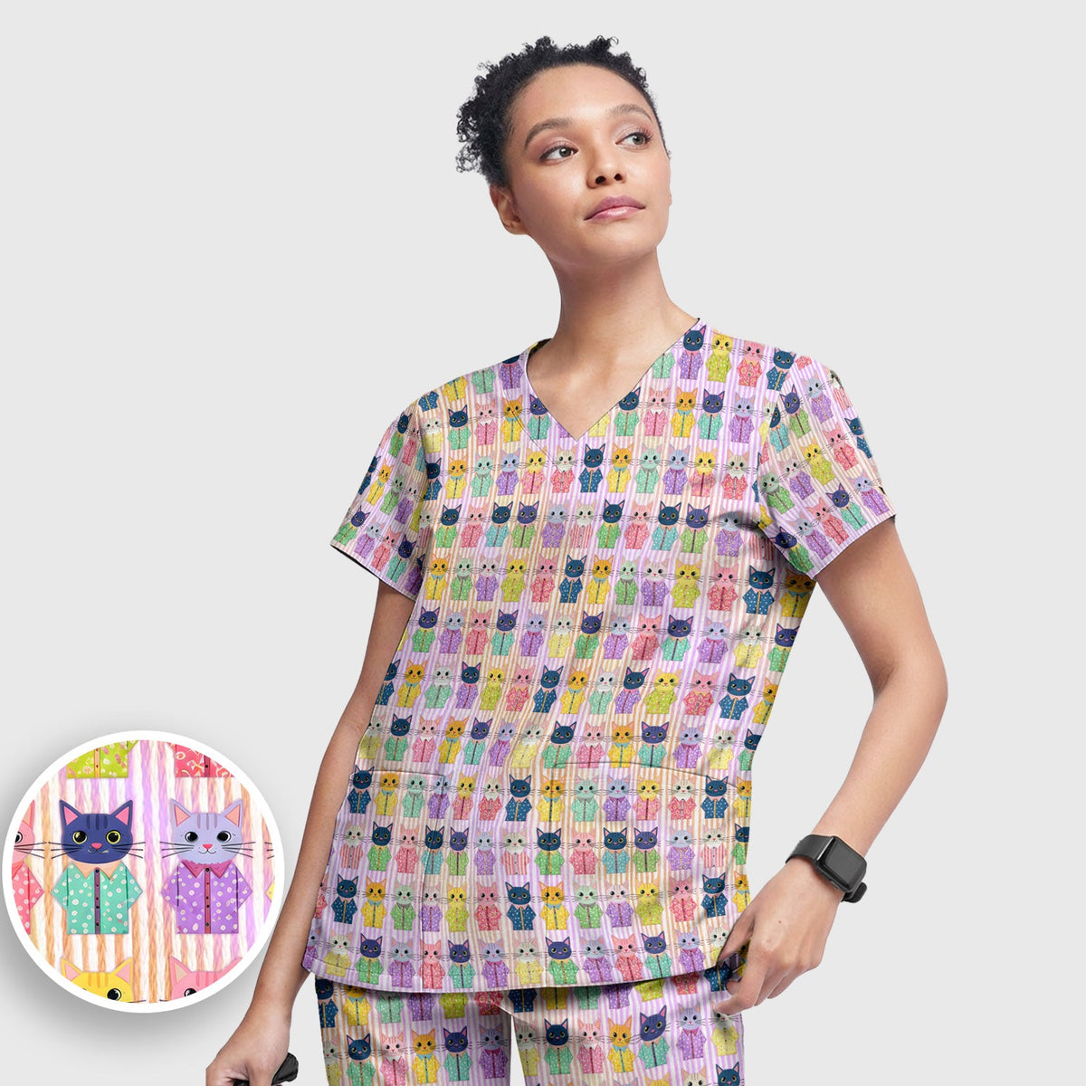 Cat Pajama Print Nurse Scrub Set