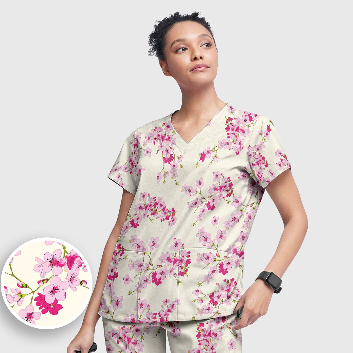 Elegant Cherry Blossom Nurse Scrub Set
