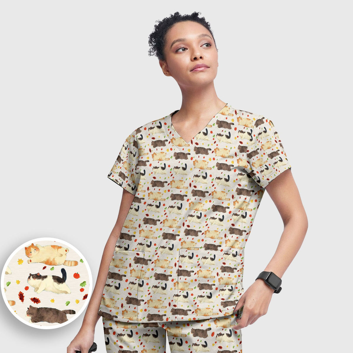 Chubby Cat Autumn Leaves Nurse Scrub Set