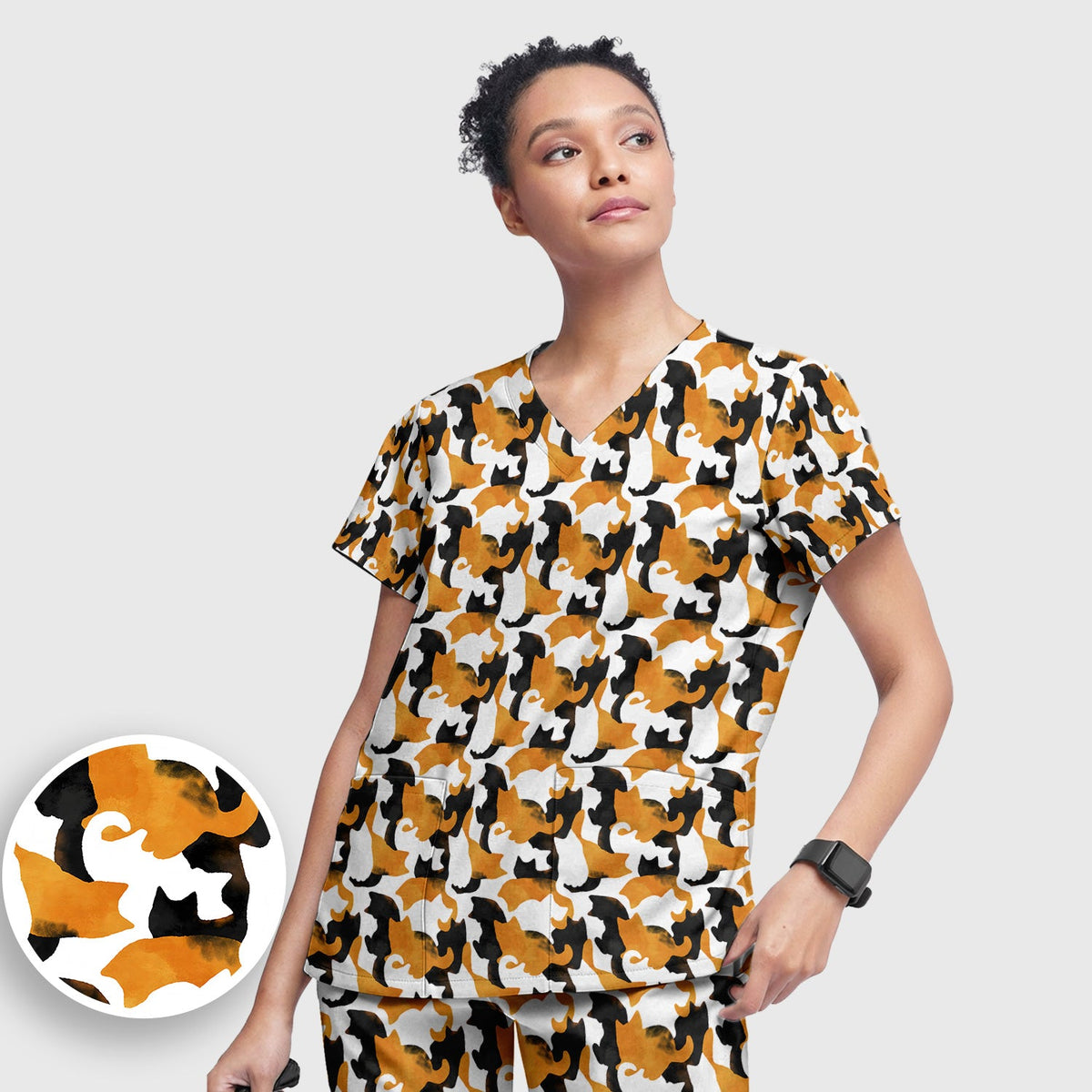 Calico Cat Silhouette Nurse Scrub Set