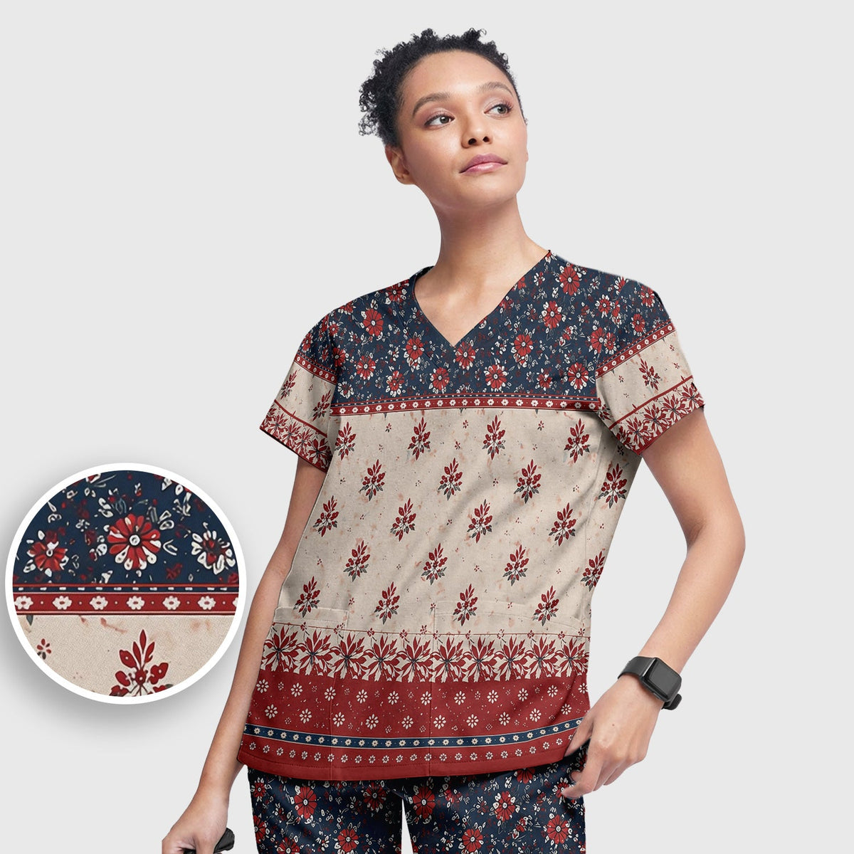 Vintage Floral Border Red Blue Nurse Scrub Set