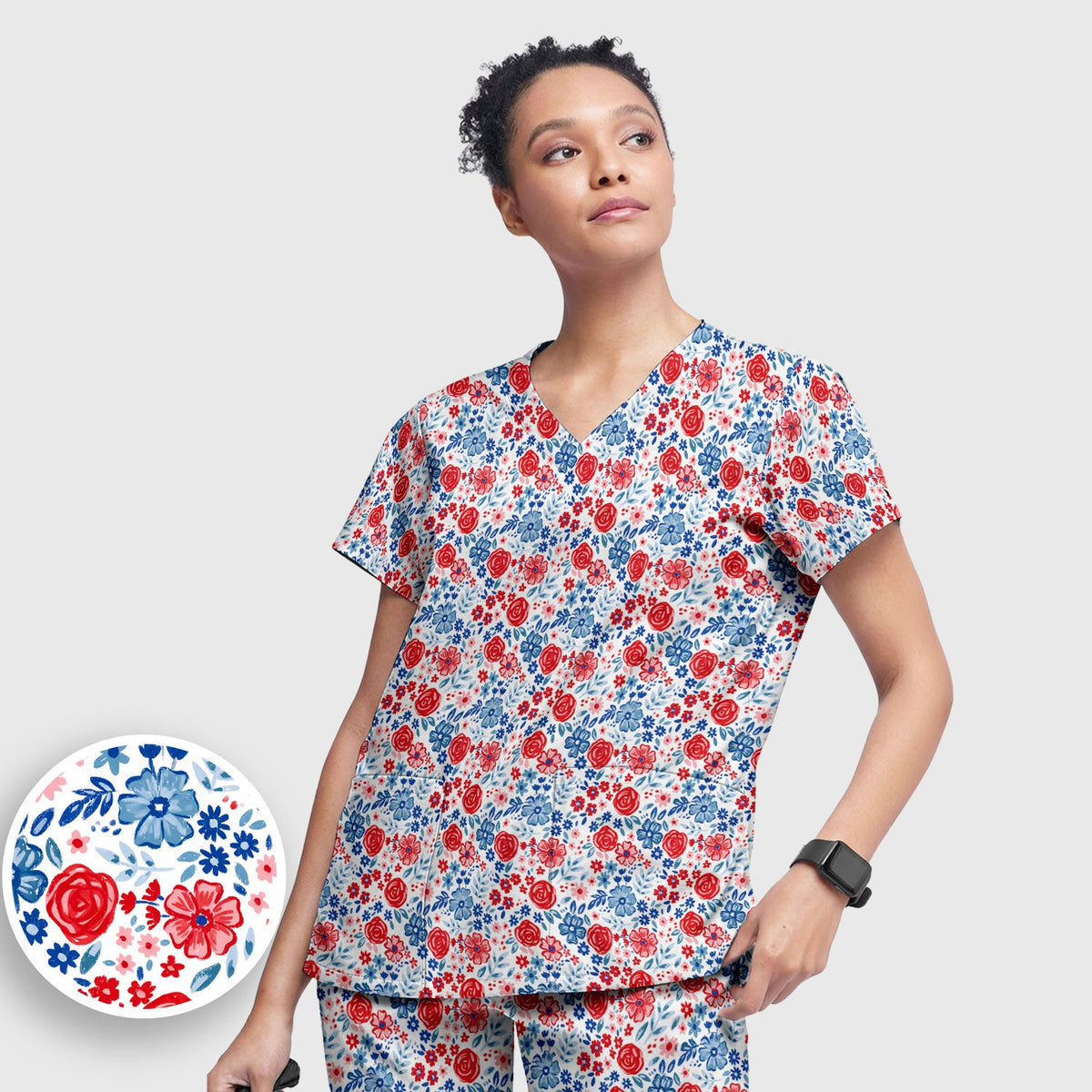 Red Blue Floral Garden Blossom Nurse Scrub Set