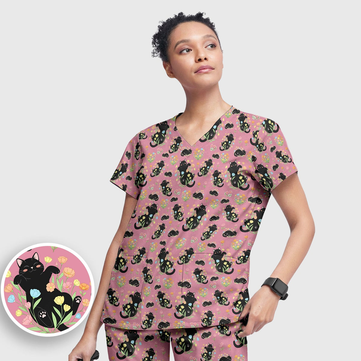 Cats Cute Poses Floral Nurse Scrub Set