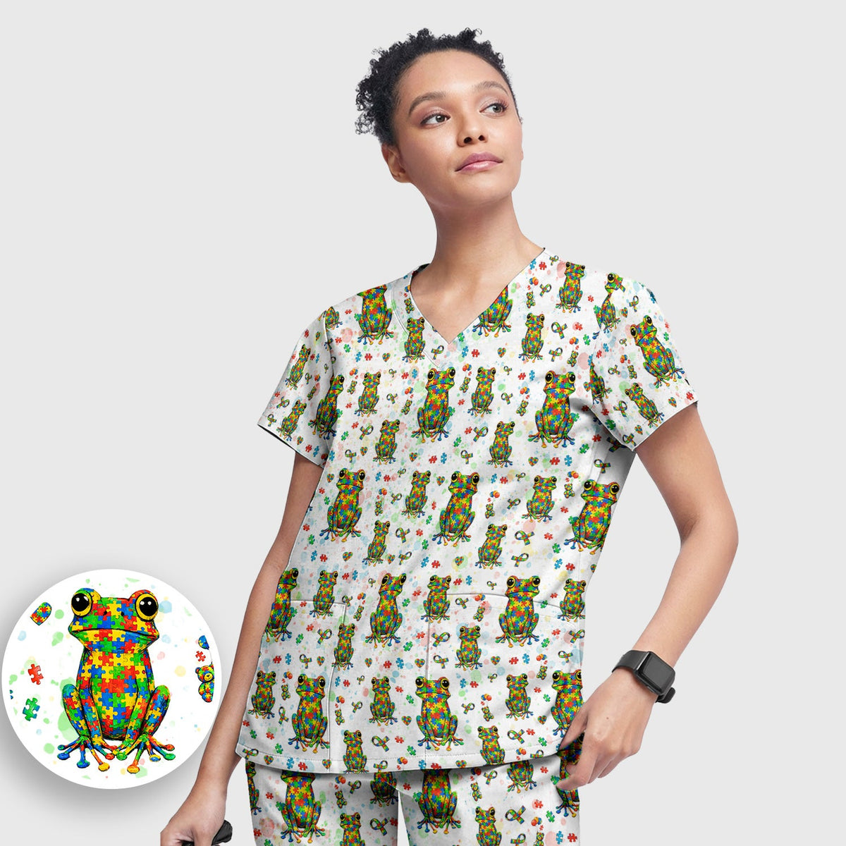 Colorful Autism Puzzle Frog Nurse Scrub Set