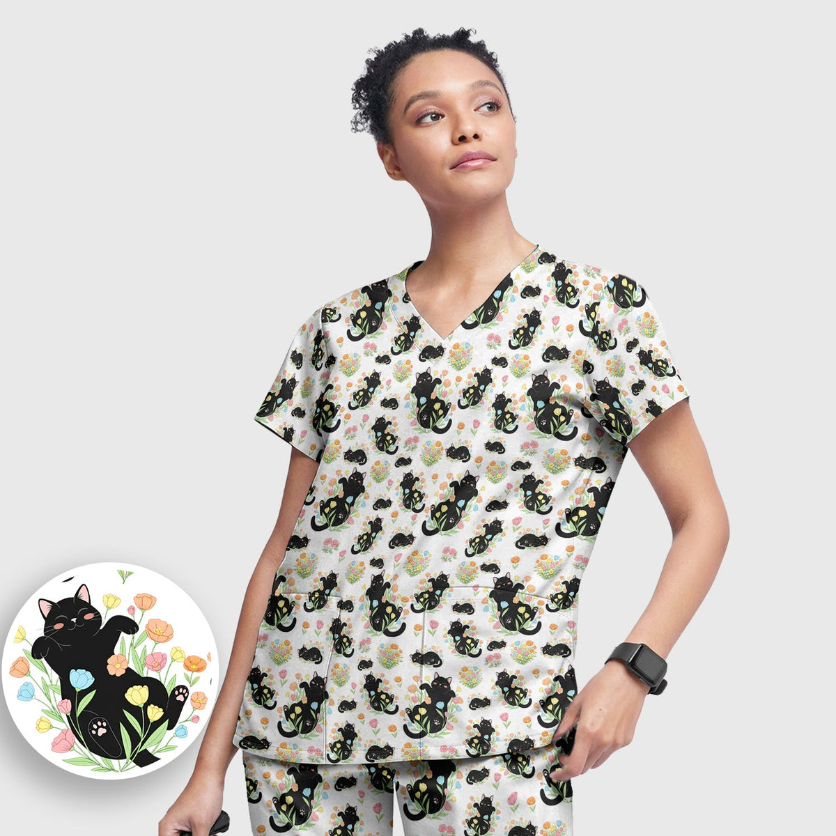 Cats Cute Poses Floral Nurse Scrub Set