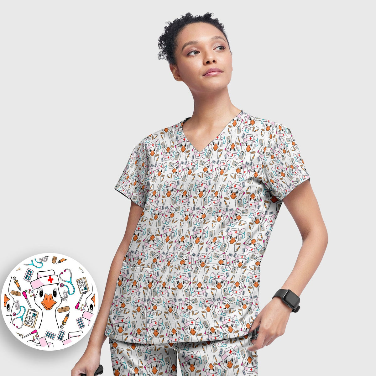 Duck Wearing Hat With Medical Tools Nurse Scrub Set