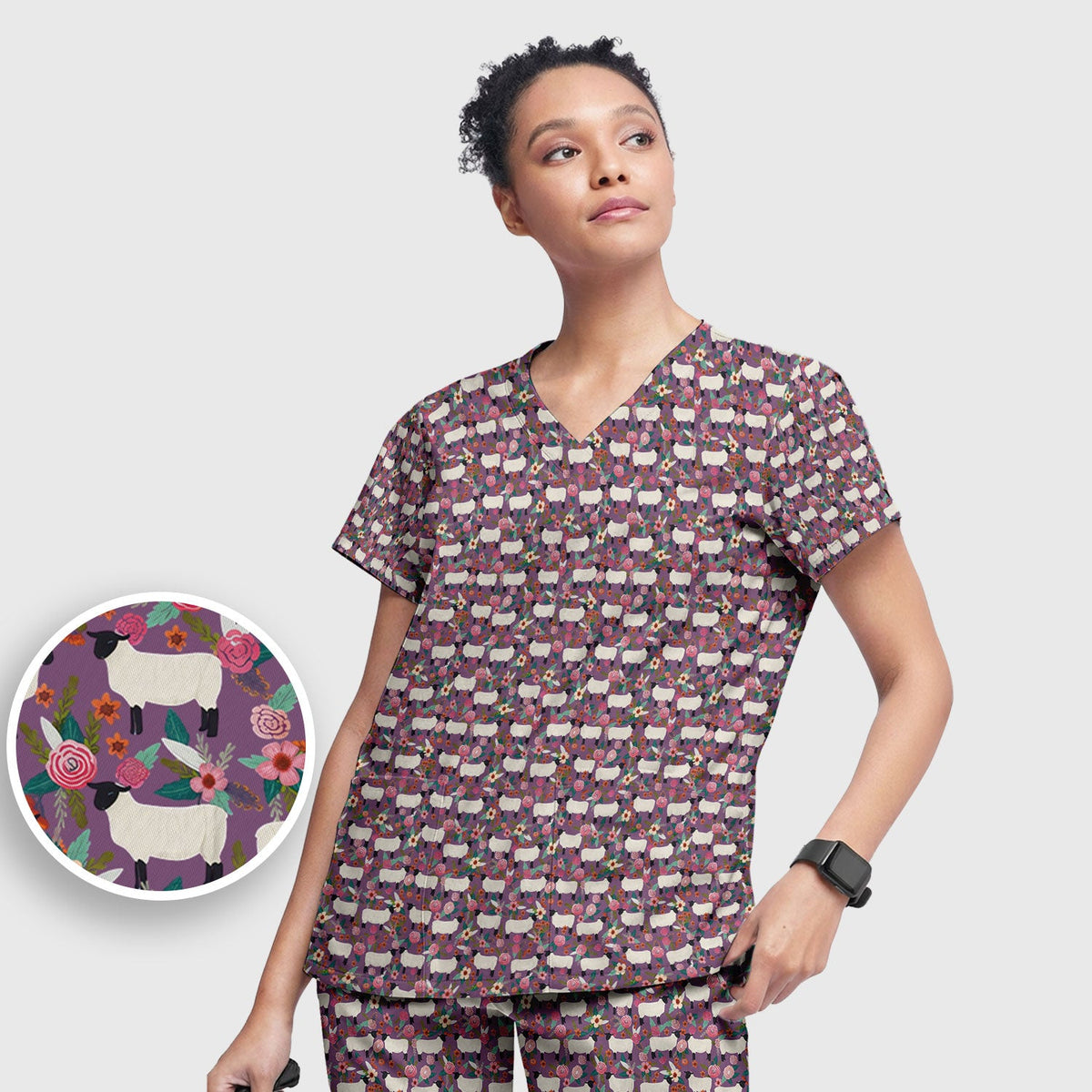 Sheep Floral Meadow Nurse Scrub Set