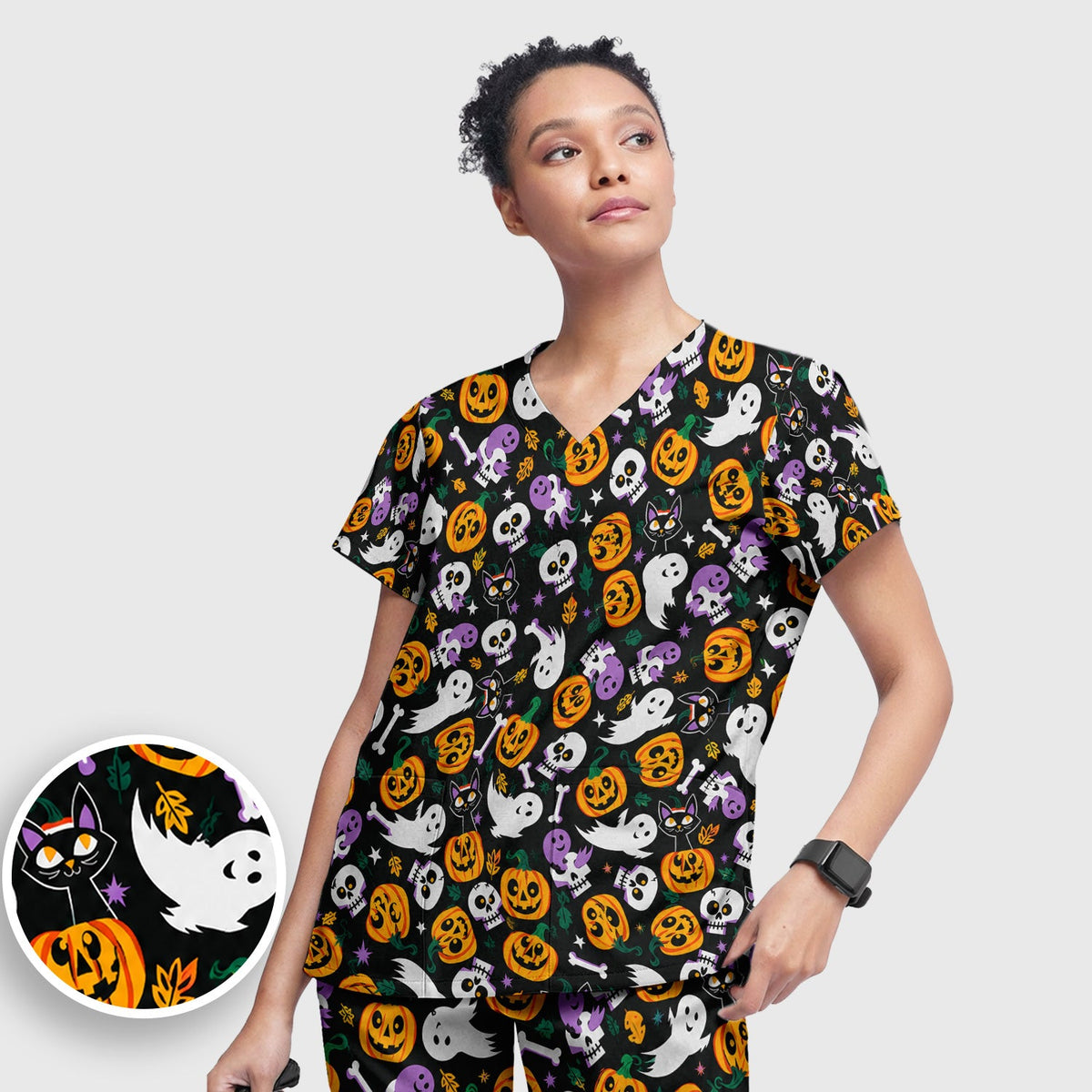 Spooky Pumpkin Ghost Print Nurse Scrub Set