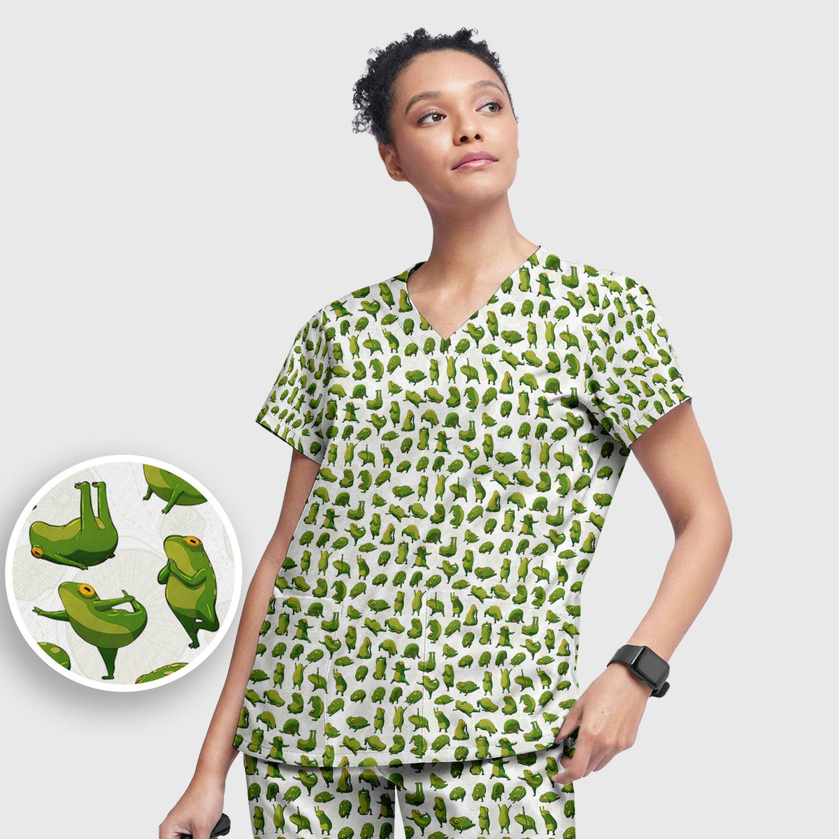 Cute Frog Cartoon Pattern Scrub Set, Breathable Med Uniform
