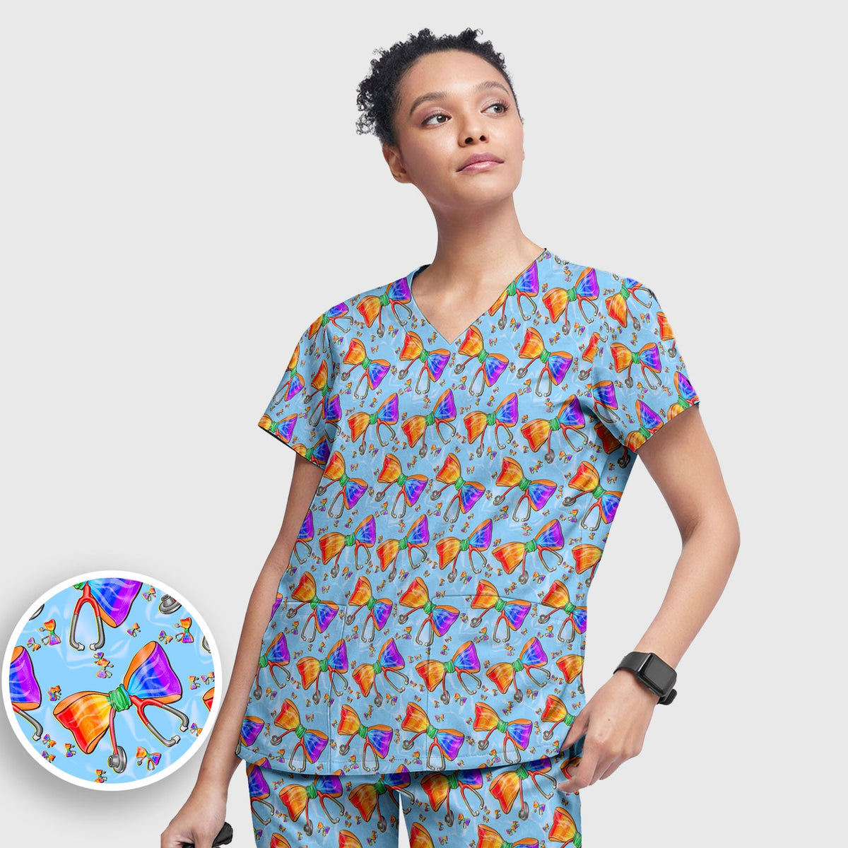 Colorful Rainbow Bow Stethoscope Nurse Scrub Set