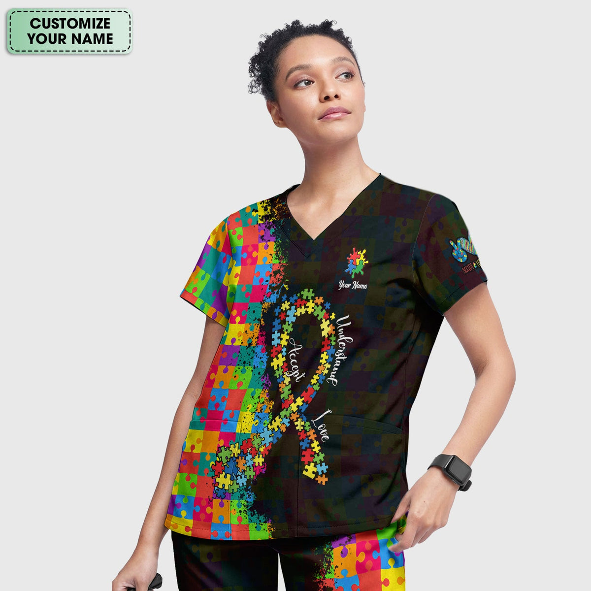 Personalized Autism Awareness Puzzle Ribbon Nurse Scrub Set