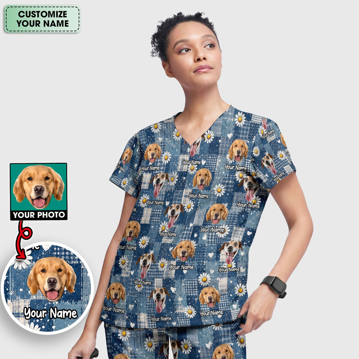 Personalized Dog Photo Patchwork Daisy Nurse Scrub Set