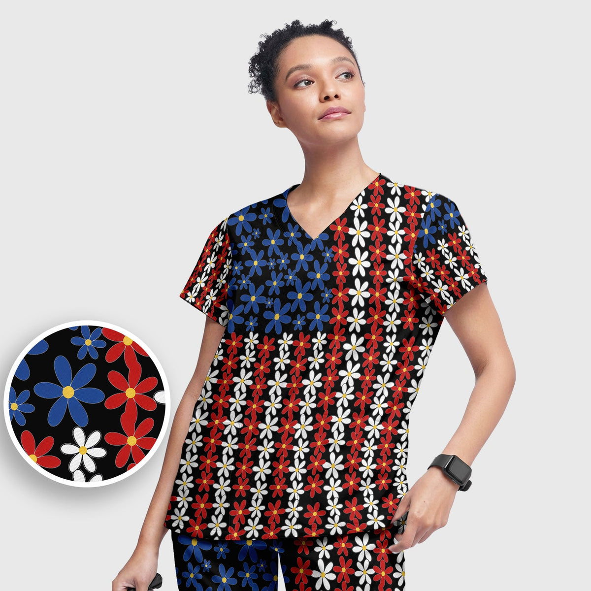 Retro Red Blue Daisy Nurse Scrub Set